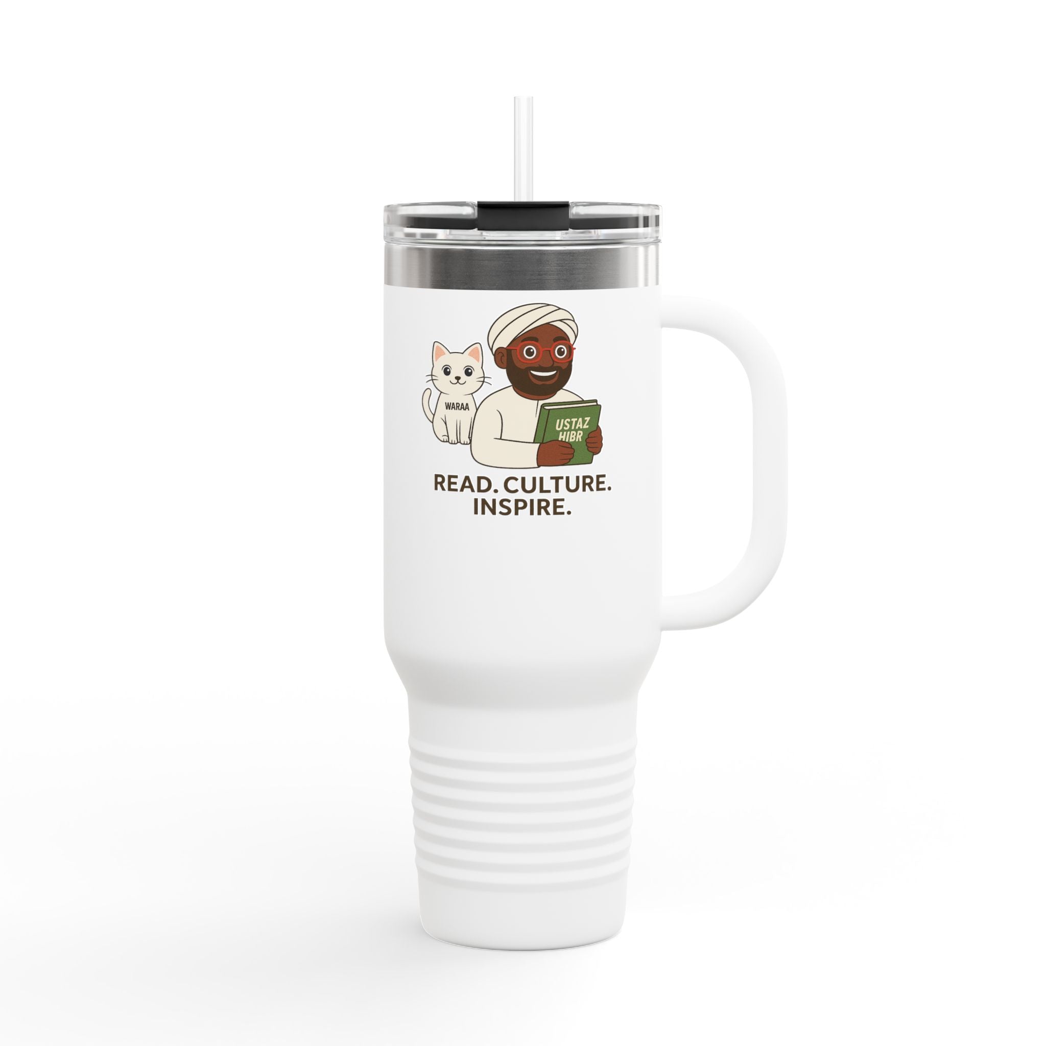 Ustaz Hibr & Waraqa – Inspiring 40oz Travel Mug for Book, Cat & Coffee Lovers